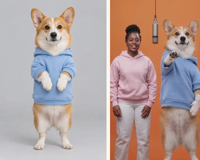 From left: the photo we added (an AI-made corgi) and a frame of the finished video.