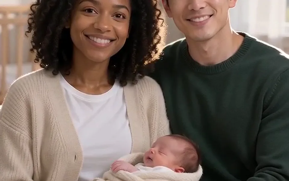 Frame from our demo: the baby held close, a hand on the blanket.