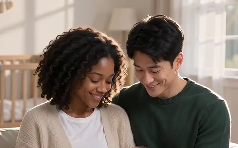 Frame from our demo: a couple on a sofa smiling at each other.