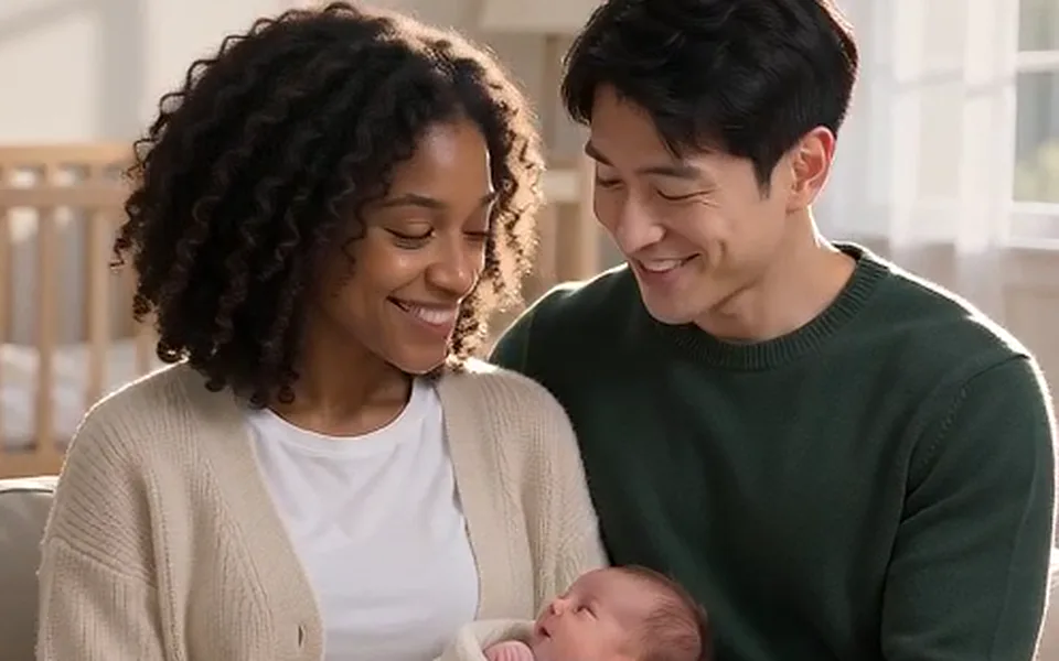 Frame from our demo: both look down at the newborn between them.