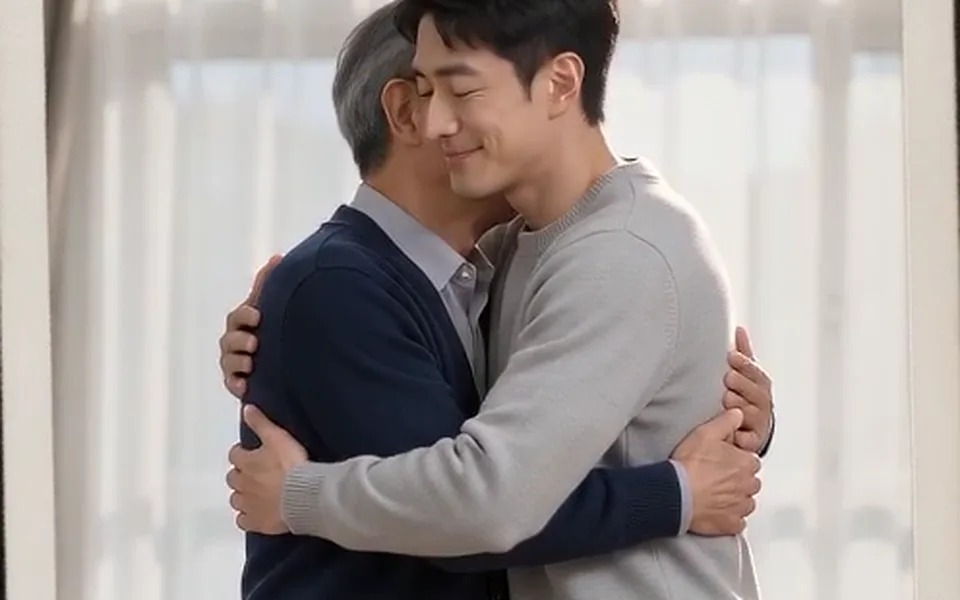 Frame from our demo: an older and a younger man in a long hug.