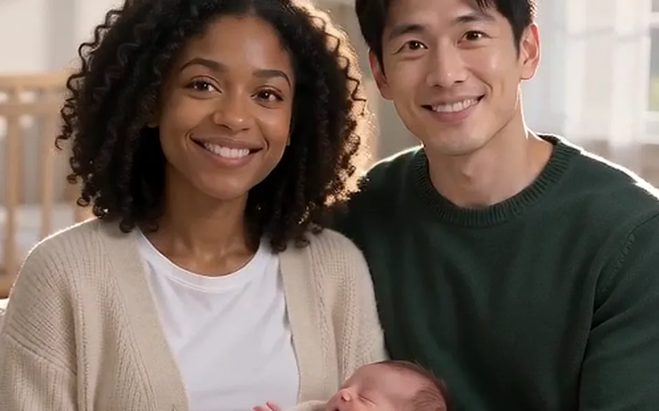 Frame from our demo: a couple holding a newborn on a sofa.