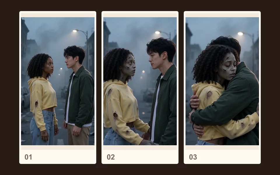 Frames from our published demo: A hug, not a chase.
