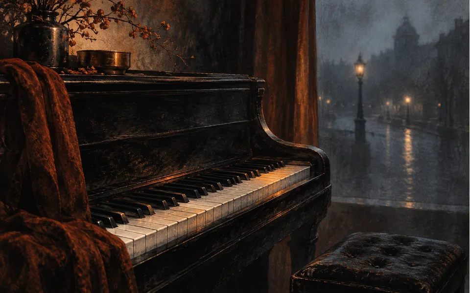 AI editorial illustration: A film score.