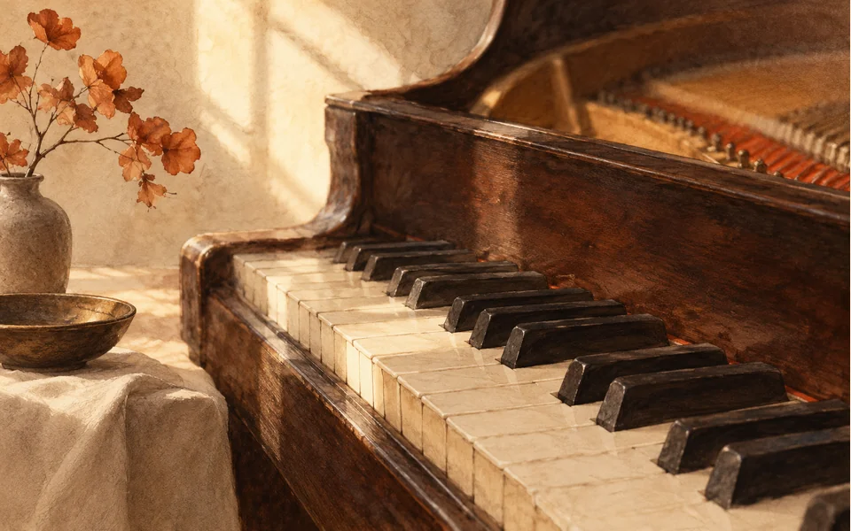 AI editorial illustration: Soft piano.