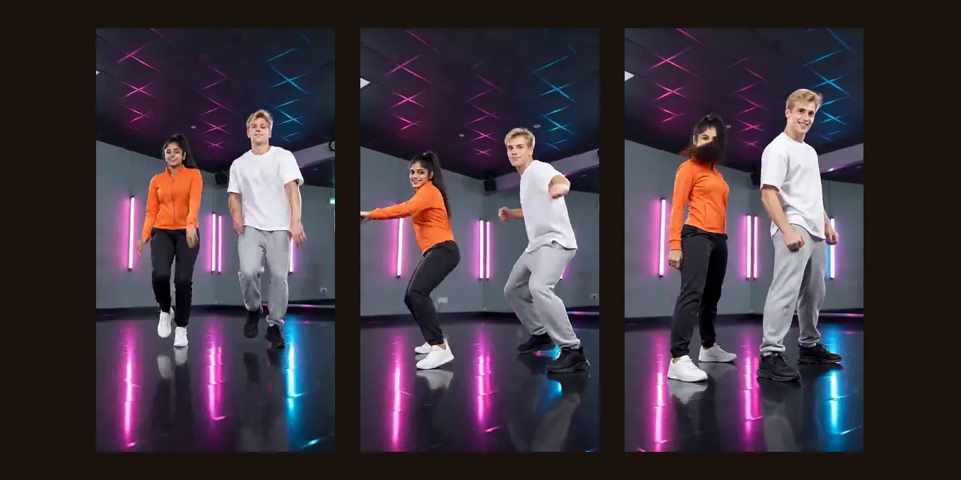 Three frames from our AI dance test render: two AI-made people dance full length in a neon studio.