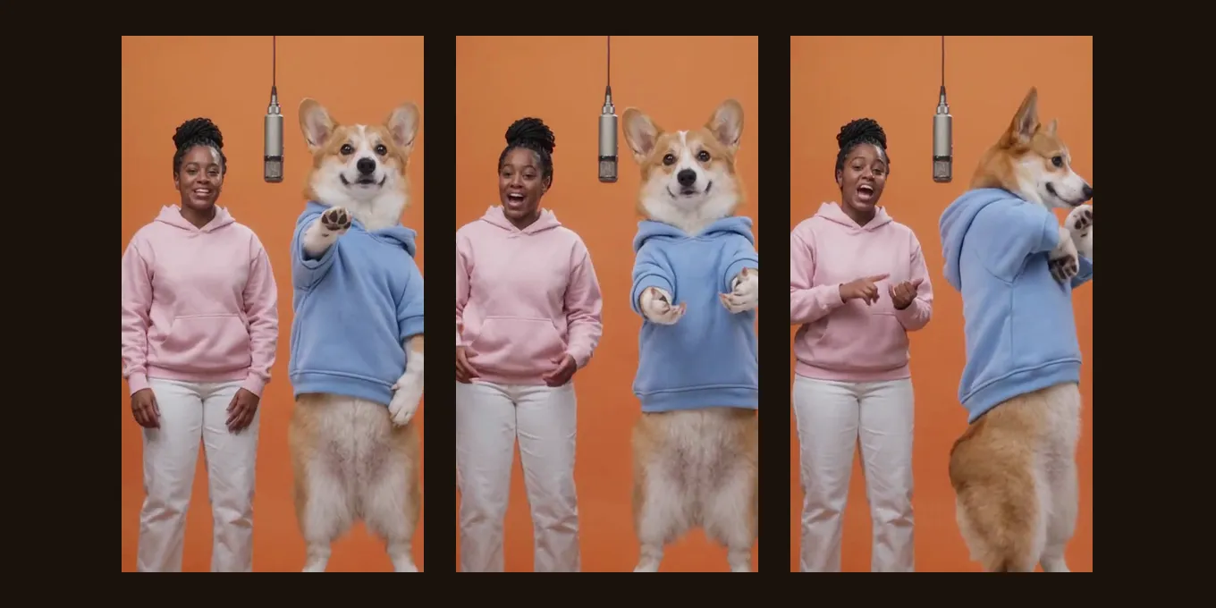 Three frames from our own Hotel Lobby render: an AI-made woman lip-syncs at the hanging mic while her corgi hypes.
