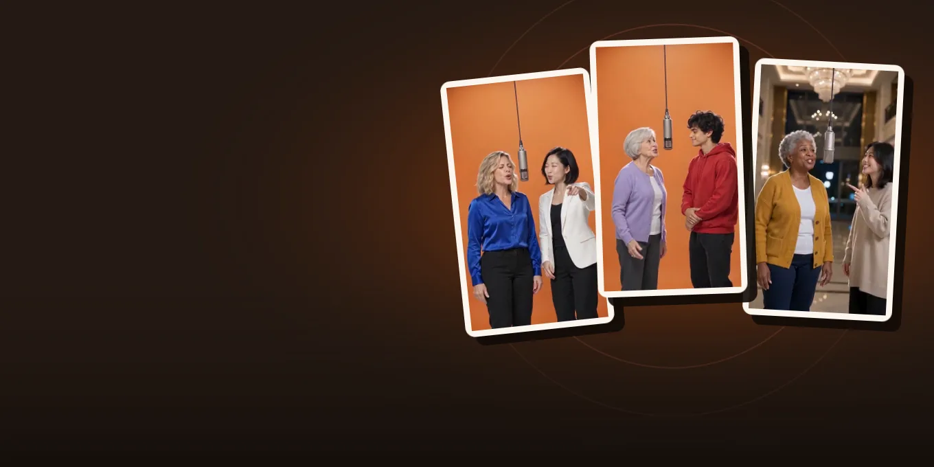 Three frames from our own AI rap renders: two women in the orange booth, two generations in a luxury lobby, and a grandmother with her grandson.