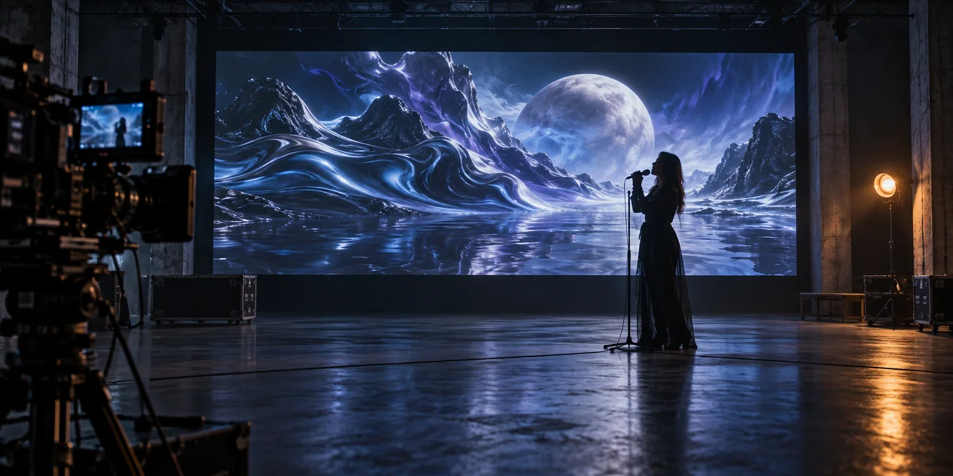 A vocalist and film camera in front of a surreal blue projection.