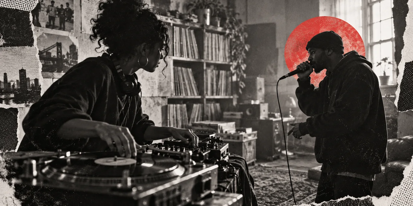 Black-and-white collage of a DJ and an MC performing together.