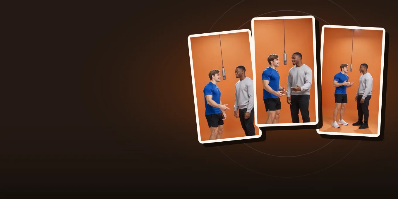 Three frames from our own diss track test render: two AI-made men trade bars under a hanging mic in an orange booth.