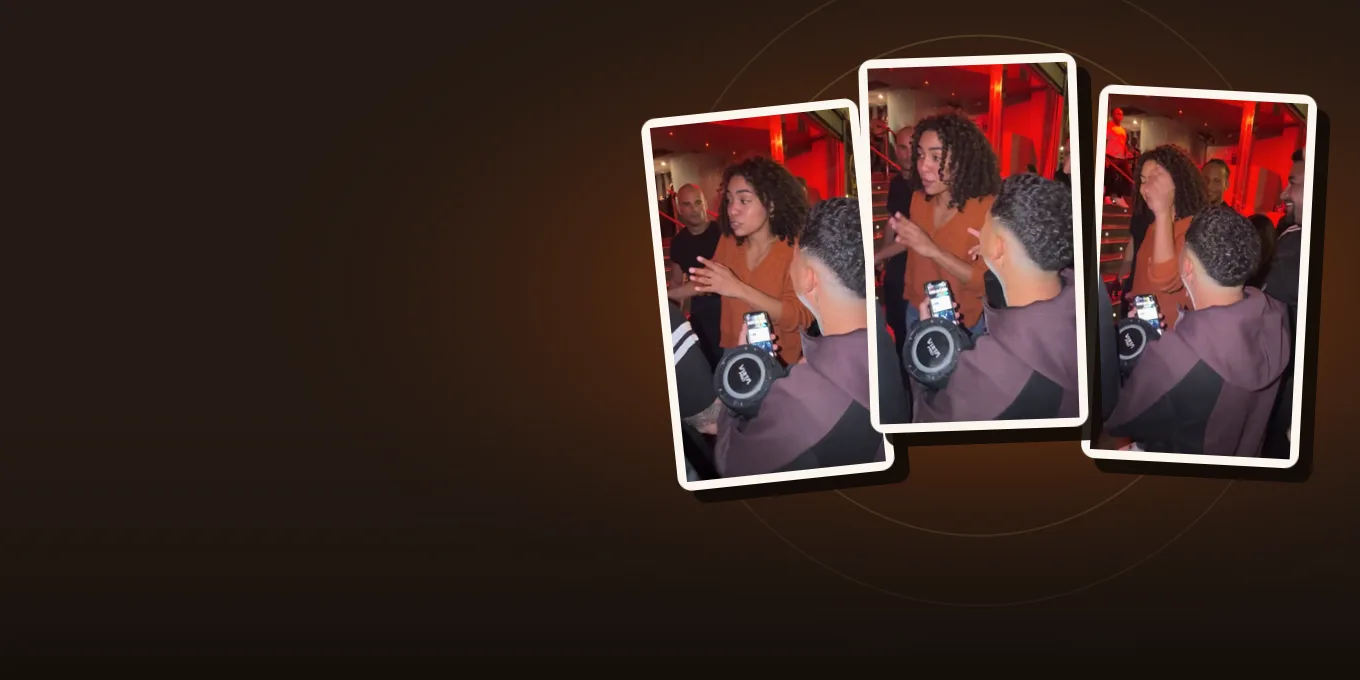 Three more frames from our Bulin 47 test render: the AI-made woman laughs and dances to the beat by the speaker.