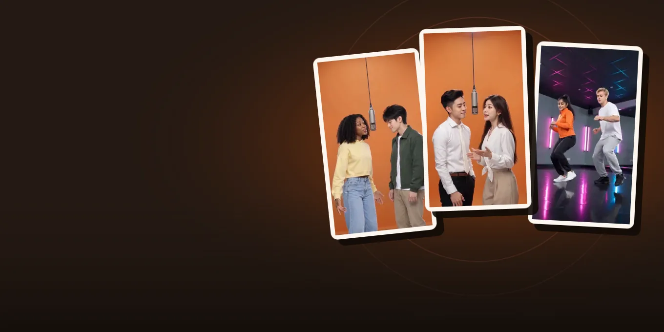 Three frames from our own vertical renders: two best friends rapping, a dancer in a neon studio and a young couple in the orange booth.