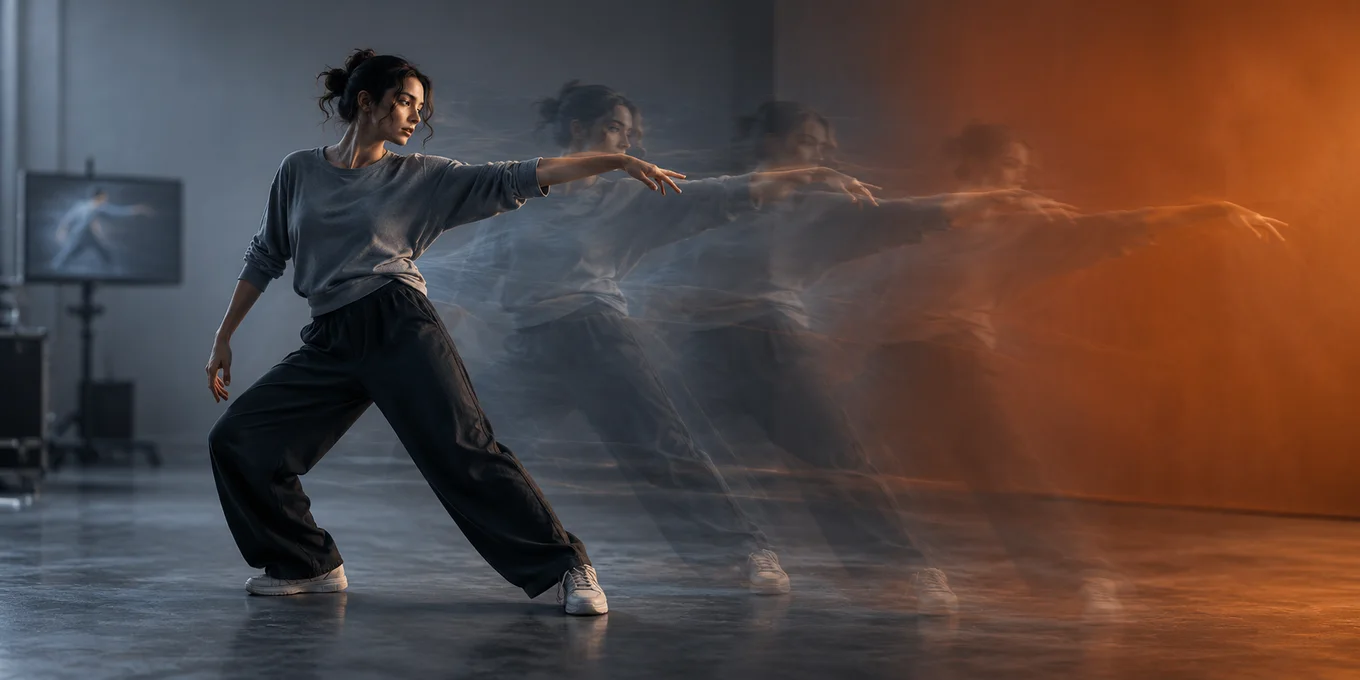 A dancer's repeated long-exposure silhouette illustrates motion transfer.