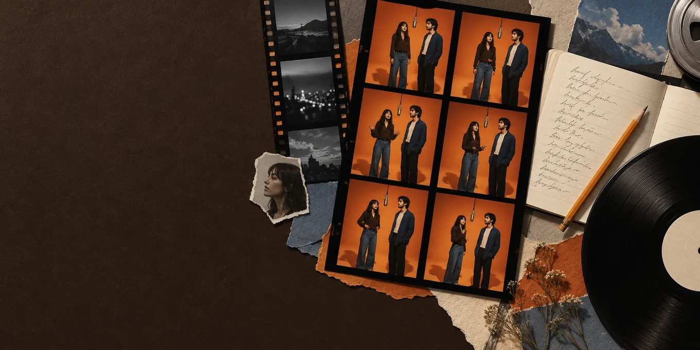 Editorial collage of a portrait cutout, orange performance contact sheet, lyric notebook and record.