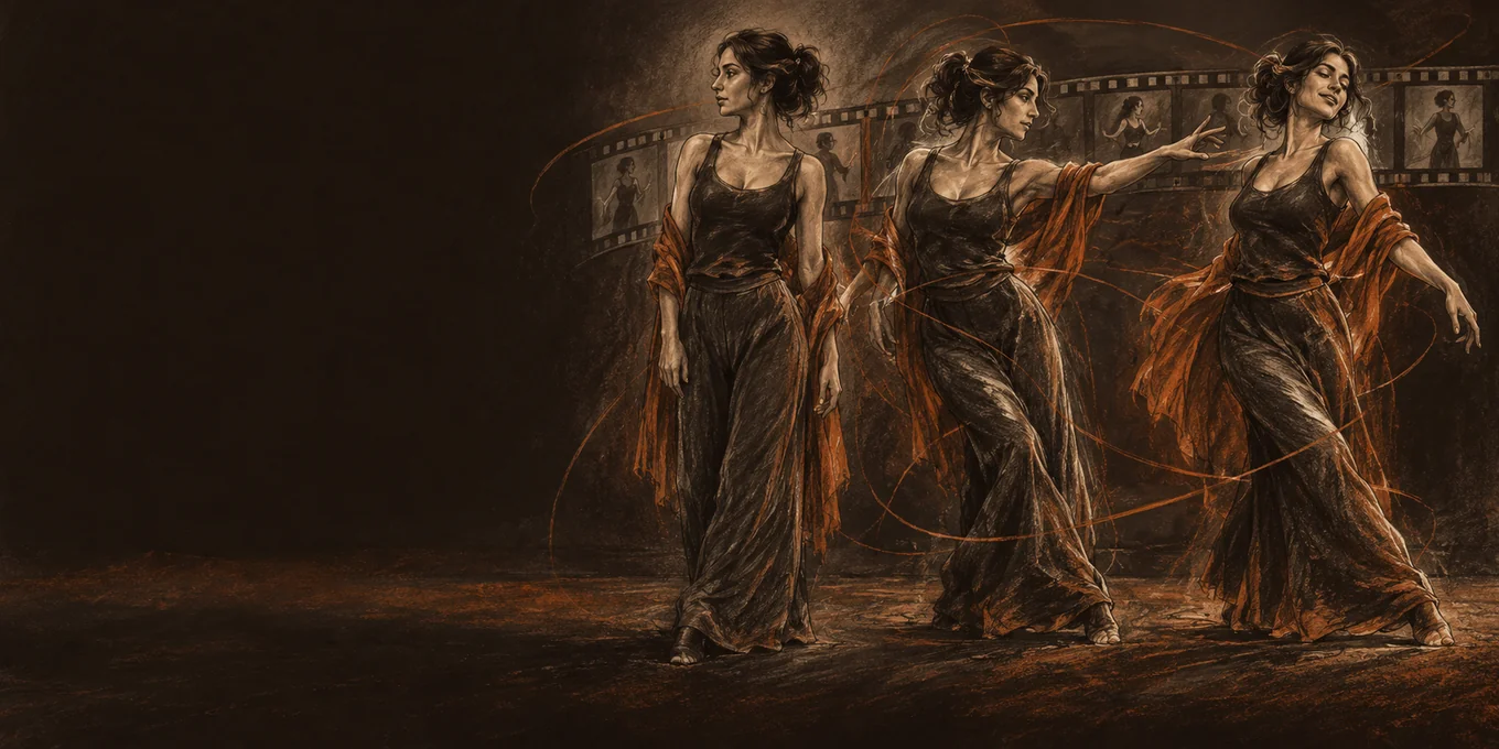 A charcoal movement study shows the same adult in three successive poses.