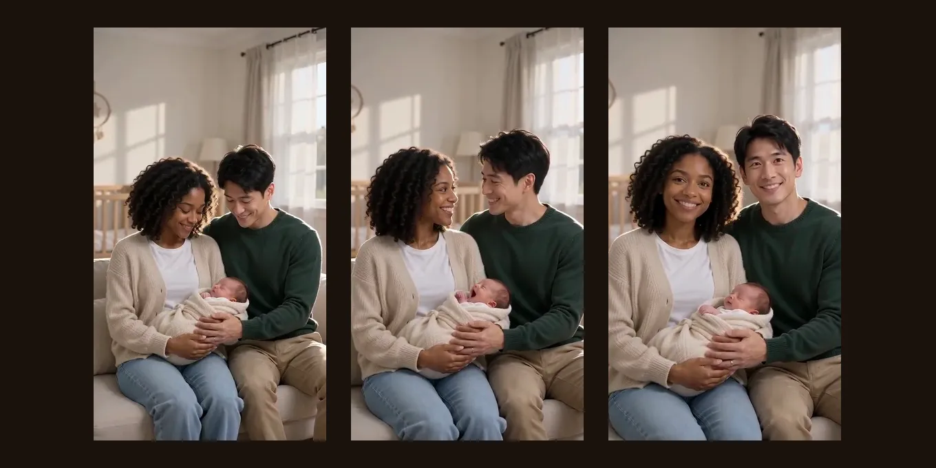 Three frames from our Future Baby test render: an AI-made couple on a sofa in a nursery, holding a newborn.