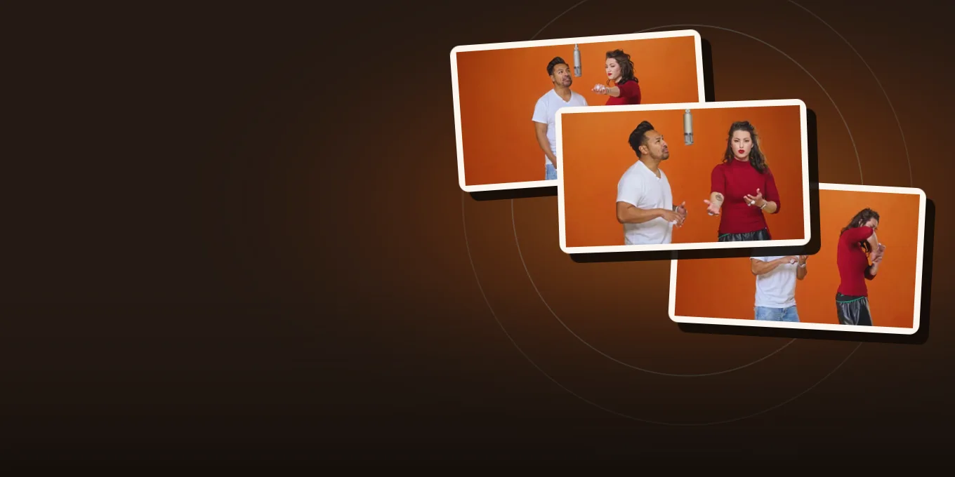 Three moments of one of our own Wan 3.0 test renders: two AI-made people in the orange Hotel Lobby booth.
