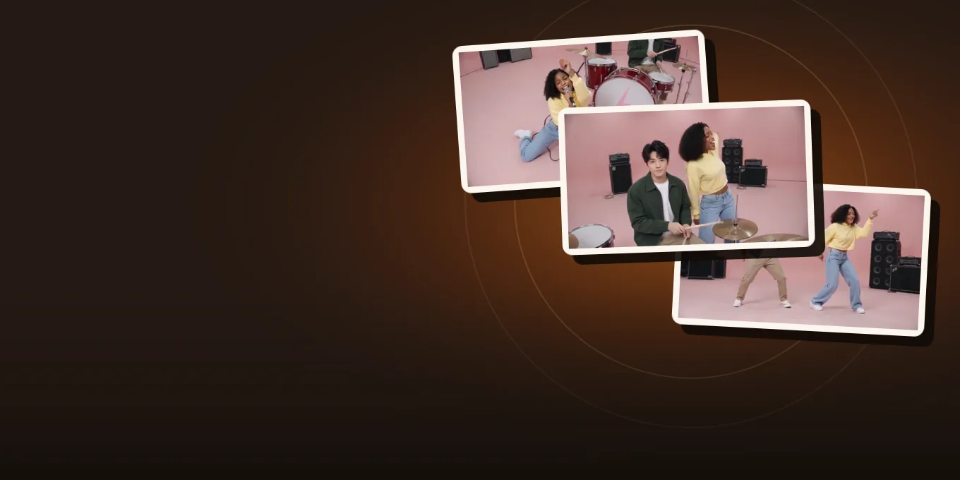 Three shots from our own APT. test render: two AI-made people drum and sing in a pink studio, shot like a music video.