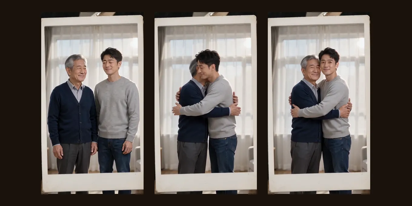 Three frames from our Polaroid Hug demo: two AI-made men stand side by side, then hug inside a white Polaroid frame.
