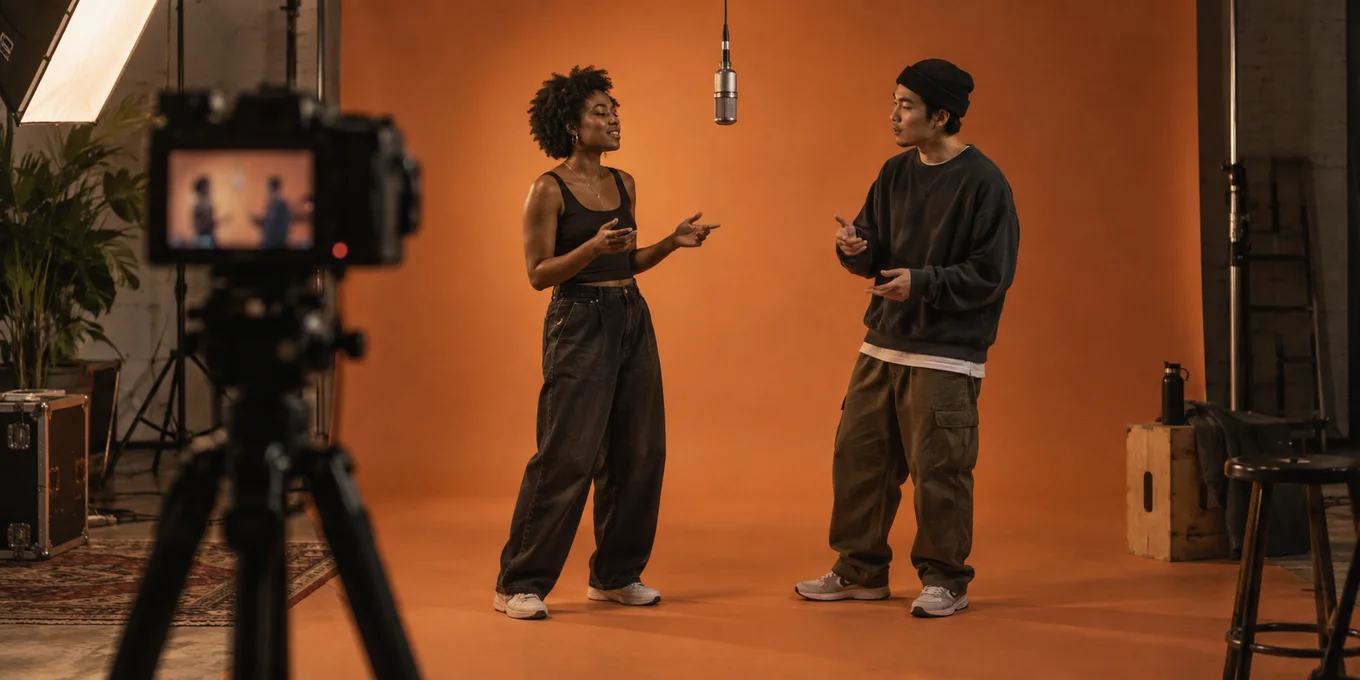 A camera records two performers rehearsing in an orange studio.
