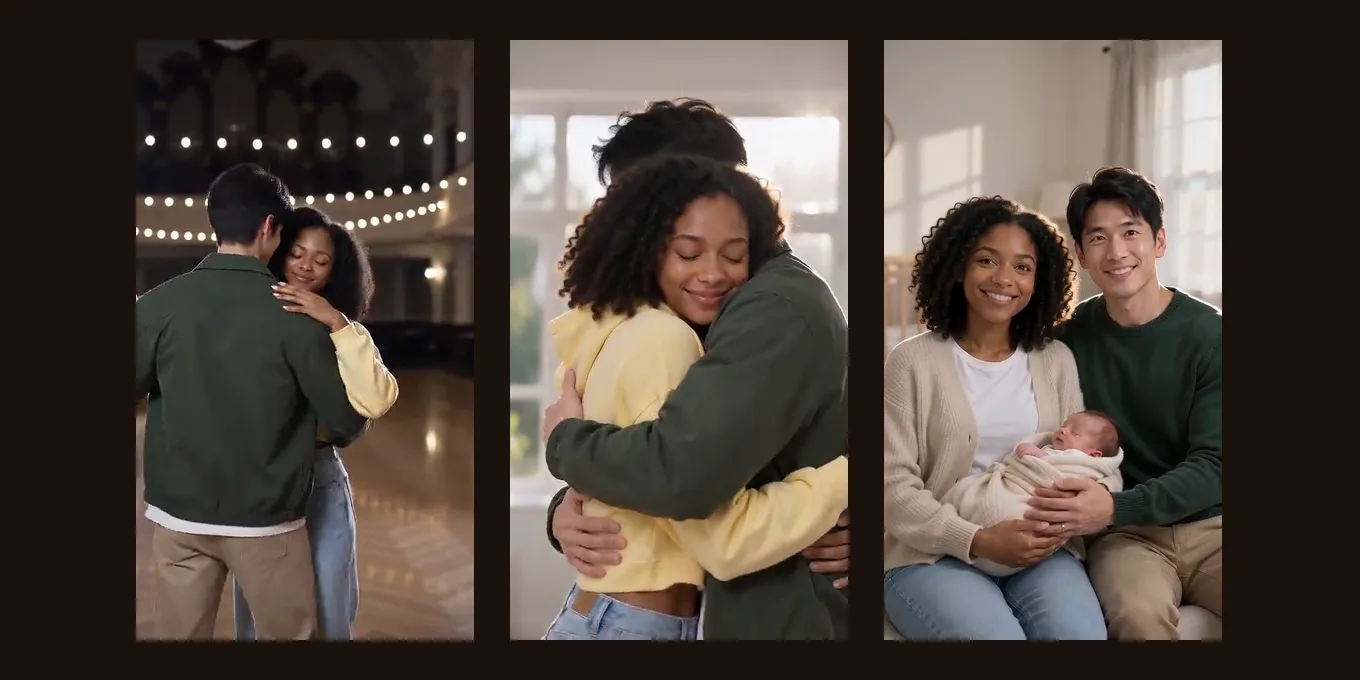 One frame each from three of our own couple renders with the same AI-made pair or another: a slow dance, a hug and a future baby.
