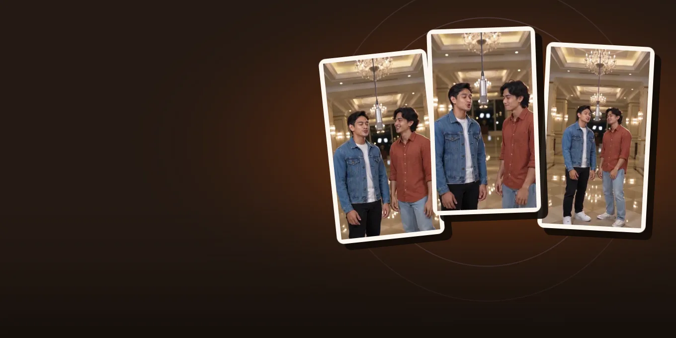 Three frames from our own music video render: two AI-made men perform under a hanging mic in a chandelier-lit lobby.