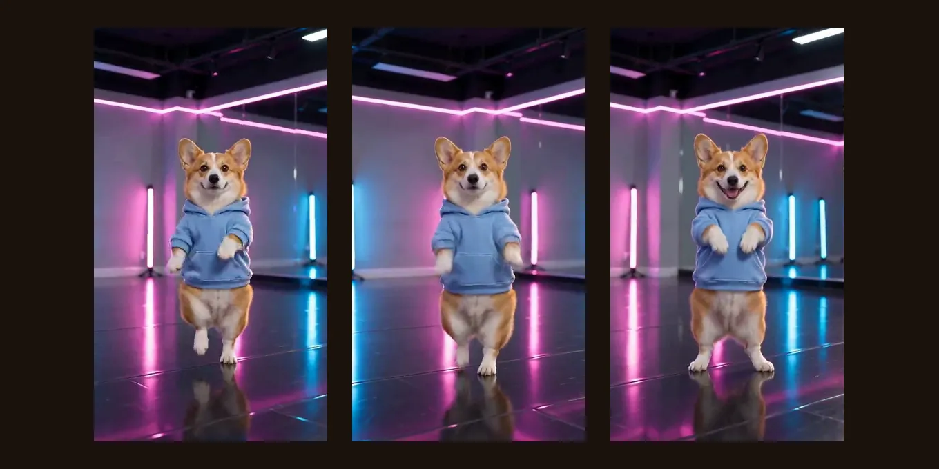 Three frames from our own test render: an AI-made corgi in a blue hoodie dances on its back legs in a neon studio.