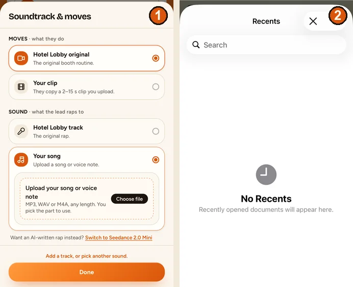 On iPhone: 1 Your song with Choose file, 2 the Files picker it opens. There is no Voice Memos button, so save the memo to Files first. iOS 26.5 simulator.