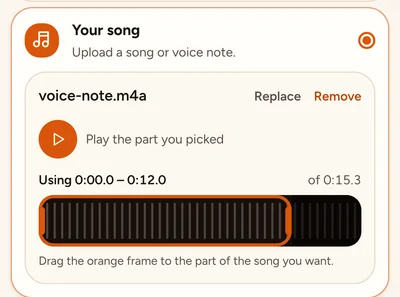 A 15-second voice note loaded: the orange frame picks 12 seconds, and Play the part you picked lets you hear it first.