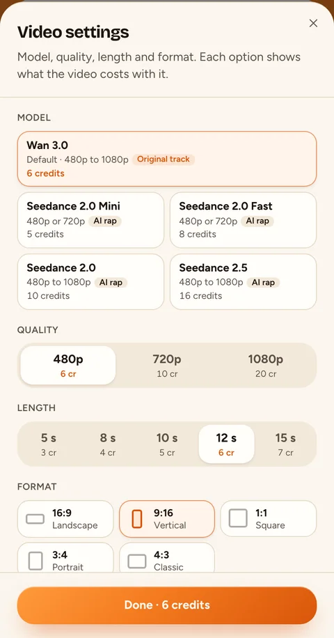 Step 3: Video settings with Wan 3.0, 480p, 12 s and 9:16 picked. Each option shows its credits.