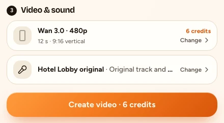 Step 4: the summary and the button. The button shows the credits the video uses; they are paid when you create it.