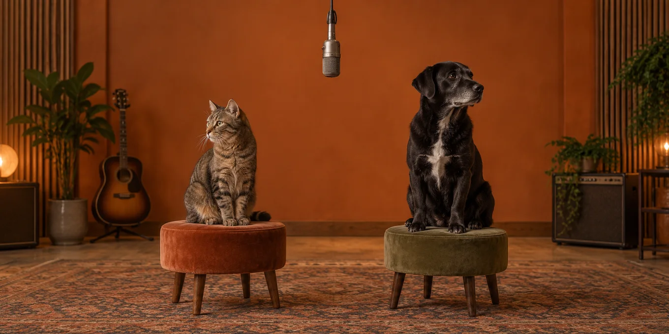 A cat and a dog sit on stools beneath a microphone in an orange studio.