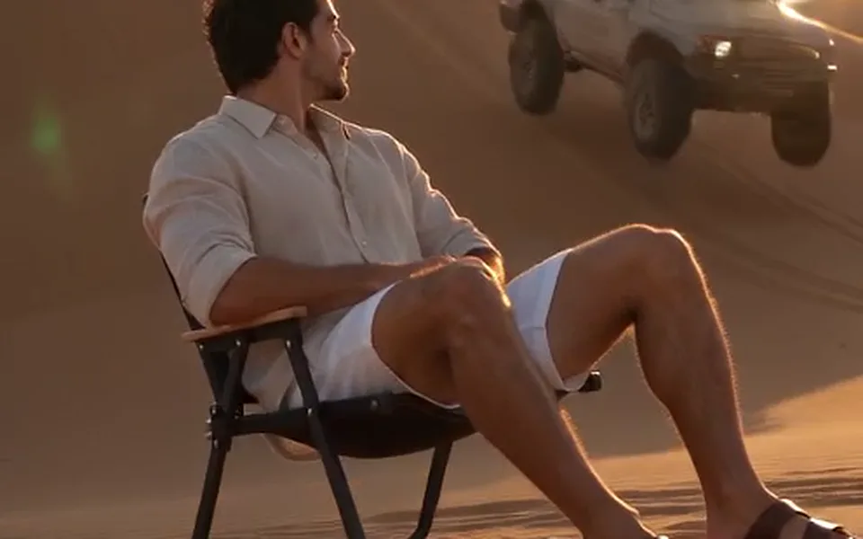 Frame from our demo: the man smiles at the camera, calm in his chair.